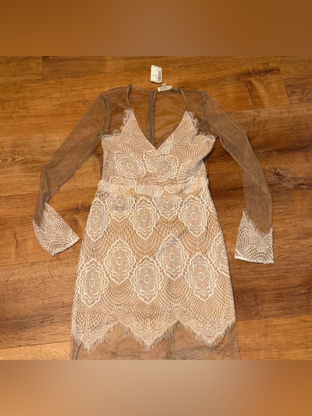 Love Culture Nude and White Lace Long Sleeve Sheath Dress